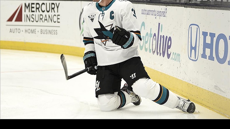 Feb 6, 2021; Anaheim, California, USA; San Jose Sharks center Logan Couture (39) celebrates his goal during the first period against the Anaheim Ducks at Honda Center. Mandatory Credit: Kelvin Kuo-USA TODAY Sports