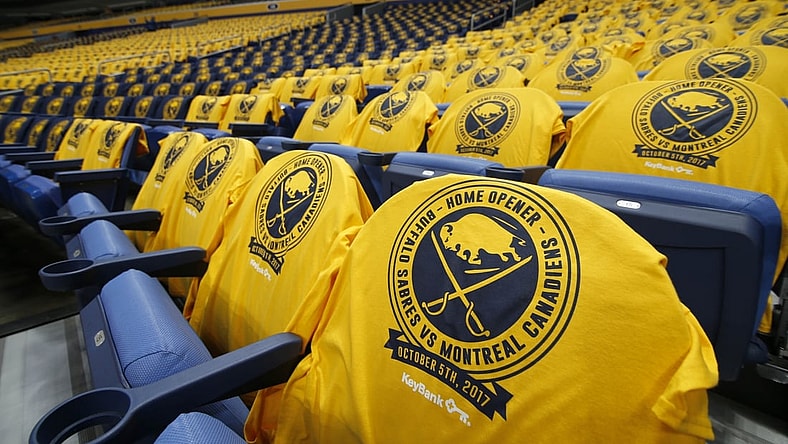 Oct 5, 2017; Buffalo, NY, USA; A general view of Buffalo Sabres home opener t-shirts on the seats at KeyBank Center before a game against the Montreal Canadiens. Mandatory Credit: Timothy T. Ludwig-USA TODAY Sports