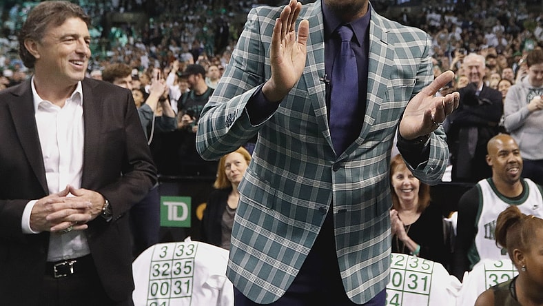 Feb 11, 2018; Boston, MA, USA; Former Boston Celtics forward Paul Pierce cheers as team owner Wyc Grousbeck  looks on during the first quarter against the Cleveland Cavaliers at TD Garden. Mandatory Credit: Winslow Townson-USA TODAY Sports
