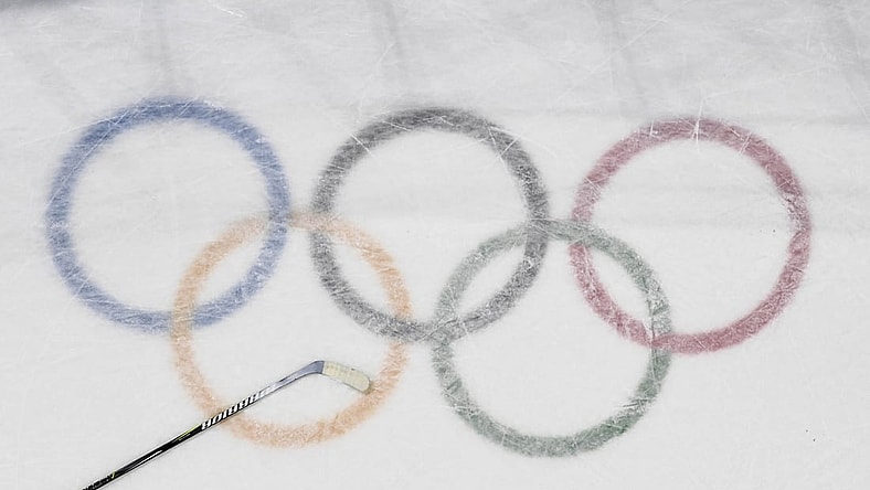 Feb 21, 2018; Gangneung, South Korea; View of a hockey stick on the logo during the game between Czech Republic and United States in the men's ice hockey quarterfinals during the Pyeongchang 2018 Olympic Winter Games at Gangneung Hockey Centre. Mandatory Credit: David E. Klutho-USA TODAY Sports