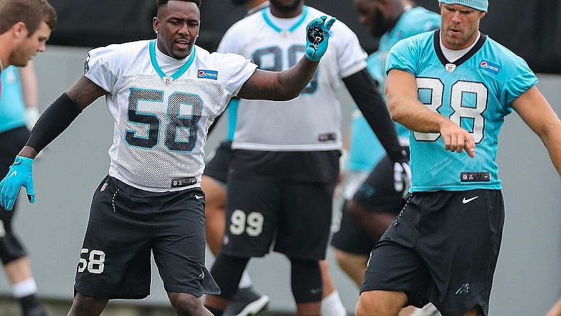 Jun 12, 2018; Charlotte, NC, USA; Carolina Panthers linebacker Thomas Davis (58) and tight end Greg Olsen (88) drill during mini-camp at Carolina Panthers practice field next to Bank of America Stadium. Mandatory Credit: Jim Dedmon-USA TODAY Sports
