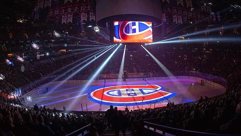 Oct 11, 2018; Montreal, Quebec, CAN; Logo of Montreal Canadiens team on ice as seen during a presentation before an opener game against Los Angeles Kings. Mandatory Credit: Jean-Yves Ahern-USA TODAY Sports