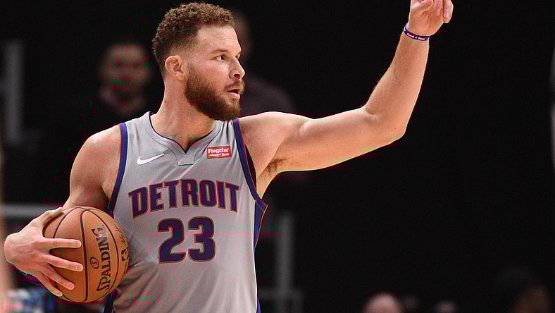 Dec 15, 2018; Detroit, MI, USA; Detroit Pistons forward Blake Griffin (23) celebrates during the fourth quarter against the Boston Celtics at Little Caesars Arena. Mandatory Credit: Tim Fuller-USA TODAY Sports