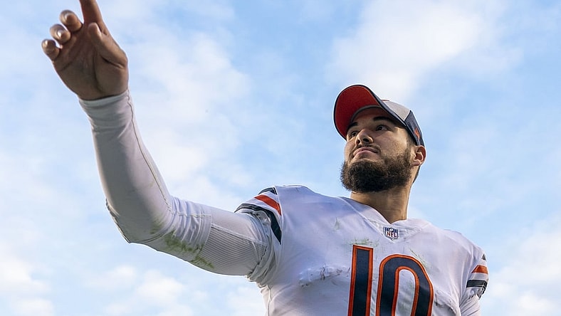 December 23, 2018; Santa Clara, CA, USA; Chicago Bears quarterback Mitchell Trubisky (10) celebrates after the game against the San Francisco 49ers at Levi's Stadium. Mandatory Credit: Kyle Terada-USA TODAY Sports