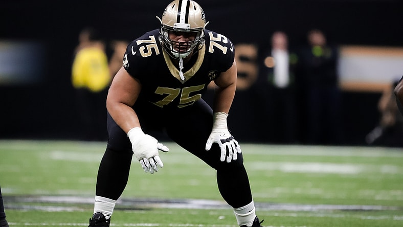 Jan 13, 2019; New Orleans, LA, USA; New Orleans Saints offensive guard Andrus Peat (75) lines up against the Philadelphia Eagles during the third quarter of a NFC Divisional playoff football game at Mercedes-Benz Superdome. Mandatory Credit: Derick E. Hingle-USA TODAY Sports