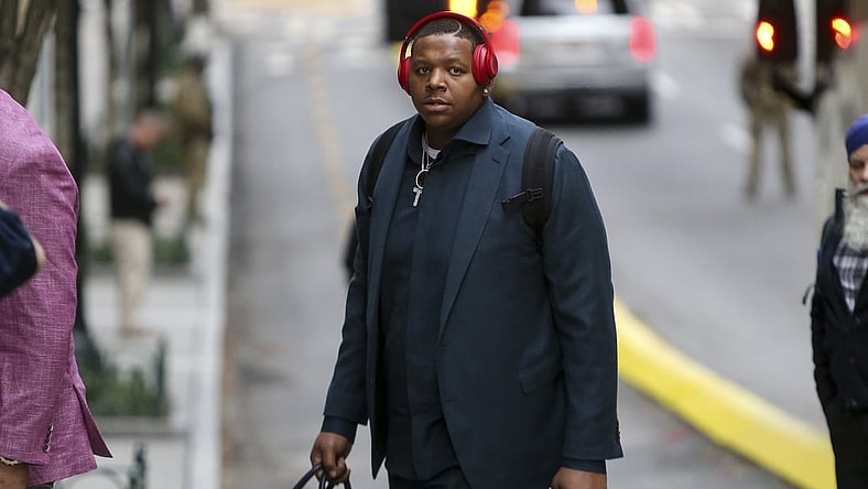 Jan 27, 2019; Atlanta, GA, USA; New England Patriots offensive tackle Trent Brown (77) arrives at the Hyatt Regency Atlanta. Mandatory Credit: Brett Davis-USA TODAY Sports