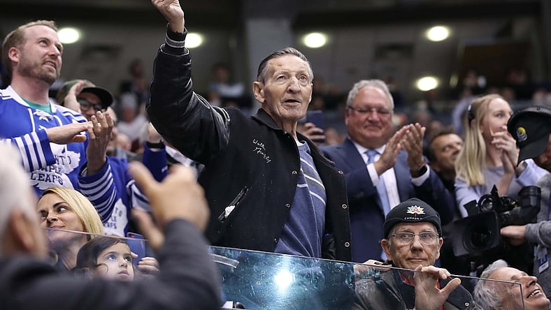 Mar 11, 2019; Toronto, Ontario, CAN; Walter Gretzky the father of Wayne Gretzky is acknowledged by the crowd as his image is shown on the scoreboard during the Toronto Maple Leafs game against the Tampa Bay Lightning at Scotiabank Arena. The Lightning beat the Maple Leafs 6-2. Mandatory Credit: Tom Szczerbowski-USA TODAY Sports