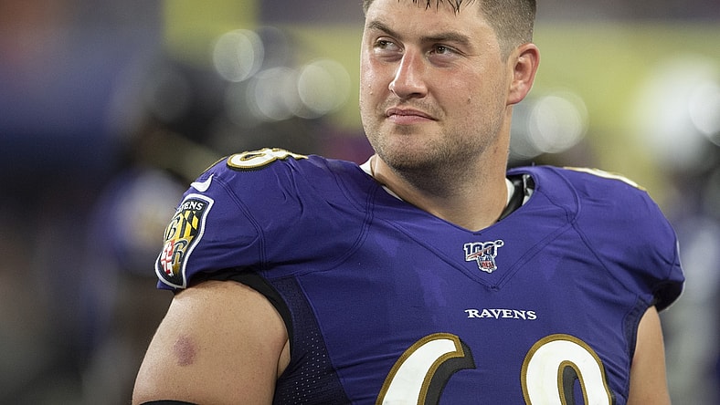 Aug 8, 2019; Baltimore, MD, USA; Baltimore Ravens center Matt Skura (68) stands in the bench area during the second quarter against the Jacksonville Jaguars at M&T Bank Stadium. Mandatory Credit: Tommy Gilligan-USA TODAY Sports