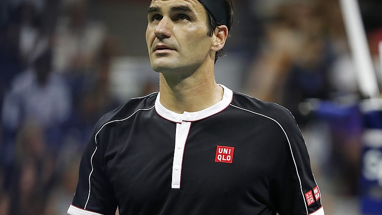 Sep 3, 2019; Flushing, NY, USA; Roger Federer of Switzerland looks at the board between points against Grigor Dimitrov of Bulgaria (not pictured) in a quarterfinal match on day nine of the 2019 US Open tennis tournament at USTA Billie Jean King National Tennis Center. Mandatory Credit: Geoff Burke-USA TODAY Sports