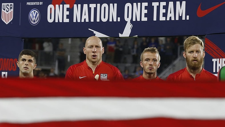 Oct 11, 2019; Washington, DC, USA; (L-R) United States midfielder Christian Pulisic, United States goalkeeper Zack Steffen, United States midfielder Tyler Adams, and United States defender Tim Ream sing the national anthem prior to their match against Cuba in a CONCACAF Nations League soccer match at Audi Field. Mandatory Credit: Geoff Burke-USA TODAY Sports