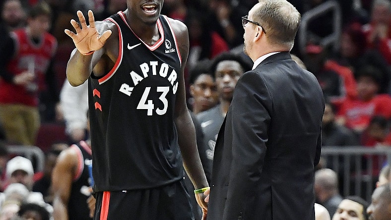 Oct 26, 2019; Chicago, IL, USA; Toronto Raptors forward Pascal Siakam (43) discusses with Toronto Raptors head coach Nick Nurse at United Center. Mandatory Credit: Quinn Harris-USA TODAY Sports