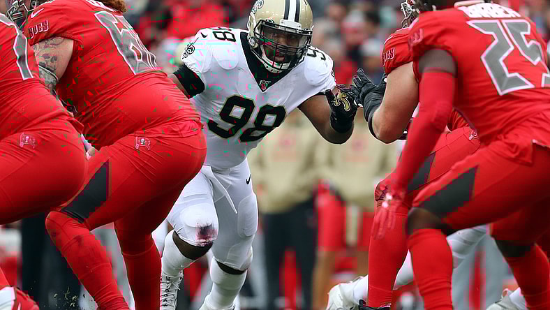 Nov 17, 2019; Tampa, FL, USA; New Orleans Saints defensive tackle Sheldon Rankins (98) rushes against the Tampa Bay Buccaneers during the second half at Raymond James Stadium. Mandatory Credit: Kim Klement-USA TODAY Sports