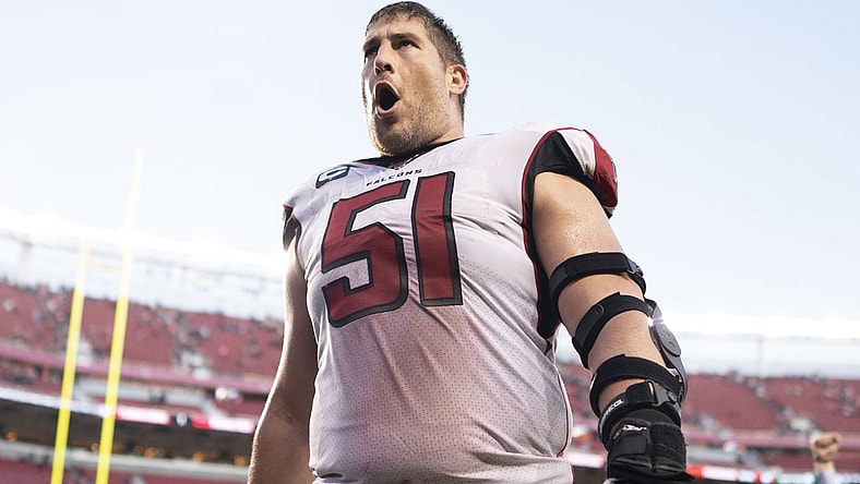 December 15, 2019; Santa Clara, CA, USA; Atlanta Falcons center Alex Mack (51) celebrates after the game against the San Francisco 49ers at Levi's Stadium. Mandatory Credit: Kyle Terada-USA TODAY Sports