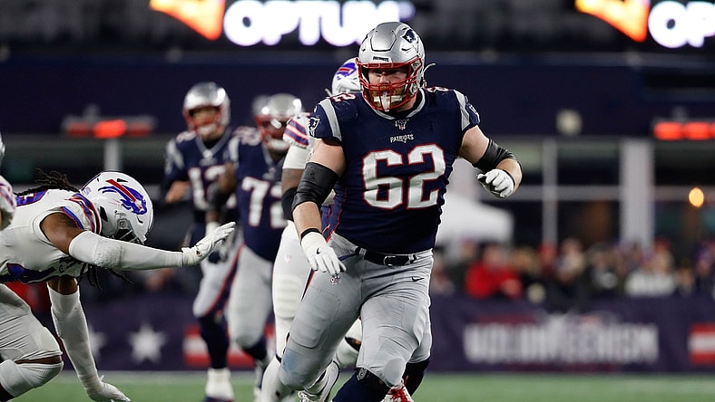Dec 21, 2019; Foxborough, Massachusetts, USA; New England Patriots offensive guard Joe Thuney (62) looks to block against the Buffalo Bills during the second half at Gillette Stadium. Mandatory Credit: Winslow Townson-USA TODAY Sports