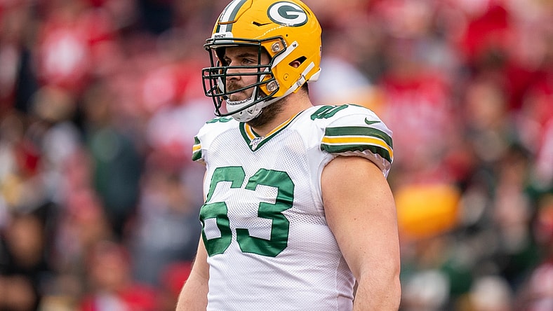 January 19, 2020; Santa Clara, California, USA; Green Bay Packers center Corey Linsley (63) before the NFC Championship Game against the San Francisco 49ers at Levi's Stadium. Mandatory Credit: Kyle Terada-USA TODAY Sports