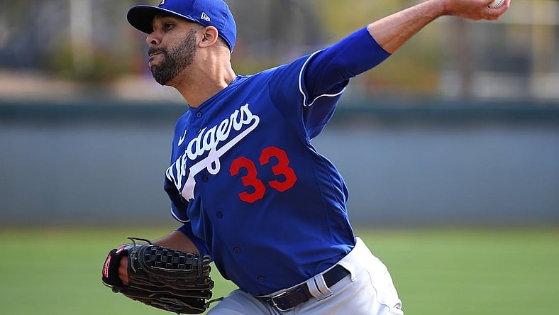 Feb 21, 2020; Glendale, Arizona, USA;  Los Angeles Dodgers starting pitcher David Price (33) throws live batting practice during spring training at Camelback Ranch. Mandatory Credit: Jayne Kamin-Oncea-USA TODAY Sports