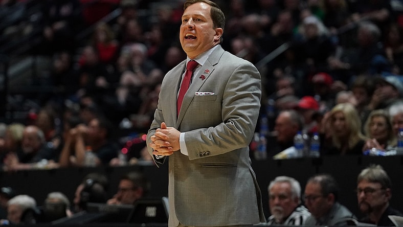 Feb 22, 2020; San Diego, California, USA; UNLV Rebels head coach T.J. Otzelberger reacts in the second half against the San Diego State Aztecs at Viejas Arena. UNLV won 66-63. Mandatory Credit: Kirby Lee-USA TODAY Sports