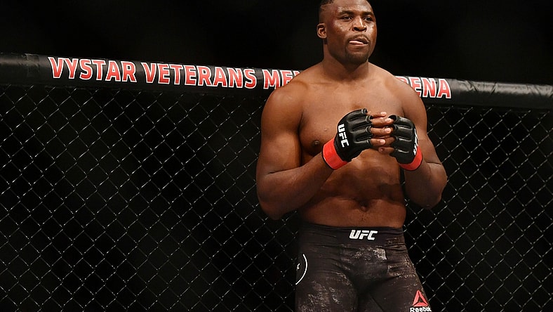 May 9, 2020; Jacksonville, Florida, USA;  Francis Ngannou (red gloves) before fighting Jairzinho Rozenstruik (blue gloves) during UFC 249 at VyStar Veterans Memorial Arena. Mandatory Credit: Jasen Vinlove-USA TODAY Sports