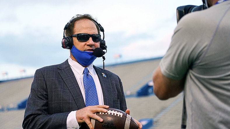 Sep 12, 2020; Lawrence, Kansas, USA; Kansas Jayhawks head coach Les Miles is interviewed before a game against the Coastal Carolina Chanticleers at David Booth Kansas Memorial Stadium. Mandatory Credit: Jay Biggerstaff-USA TODAY Sports