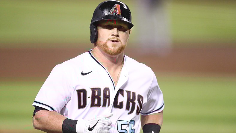 Aug 25, 2020; Phoenix, Arizona, USA; Arizona Diamondbacks outfielder Kole Calhoun against the Colorado Rockies at Chase Field. Mandatory Credit: Mark J. Rebilas-USA TODAY Sports