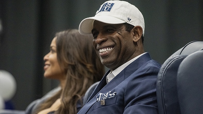 Sep 21, 2020; Jackson, MS, USA; Deion Sanders smiles as he is introduced as Jackson State's head football coach at the Lee E. Williams Athletics and Assembly Center at JSU Monday, September 21, 2020. Mandatory Credit: Eric Shelton/Clarion Ledger-USA TODAY NETWORK