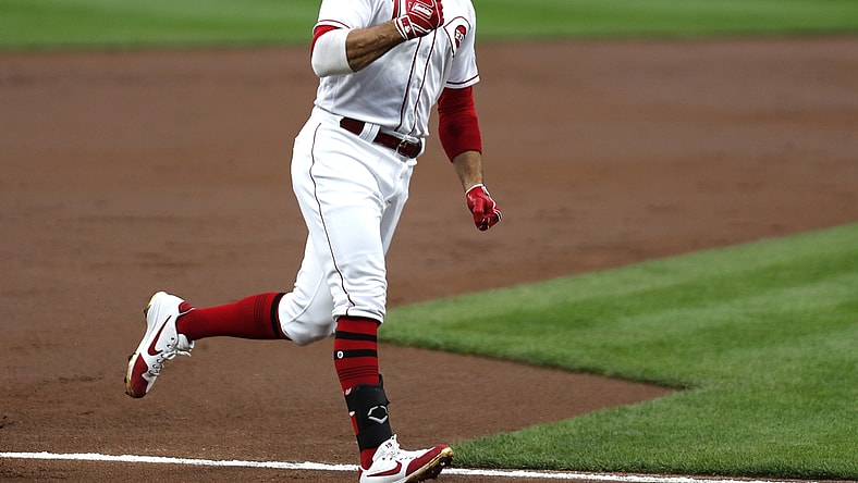 Sep 23, 2020; Cincinnati, Ohio, USA; Cincinnati Reds first baseman Joey Votto (19) reacts as he rounds the bases after hitting a two-run home run against the Milwaukee Brewers during the first inning at Great American Ball Park. Mandatory Credit: David Kohl-USA TODAY Sports