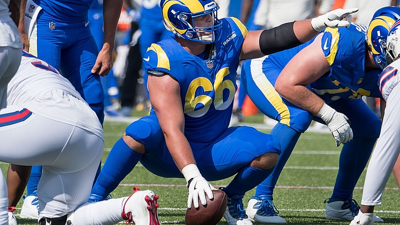 Sep 27, 2020; Orchard Park, New York, USA; Los Angeles Rams center Austin Blythe (66) points out a blocking scheme against the Buffalo Bills in the second quarter at Bills Stadium. Mandatory Credit: Mark Konezny-USA TODAY Sports