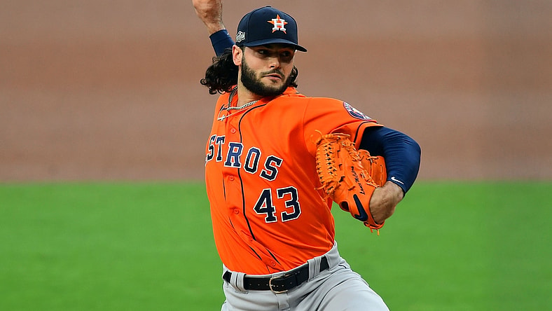Oct 17, 2020; San Diego, California, USA; Houston Astros starting pitcher Lance McCullers Jr. (43) throws against the Tampa Bay Rays during the first inning in game seven of the 2020 ALCS at Petco Park. Mandatory Credit: Jayne Kamin-Oncea-USA TODAY Sports
