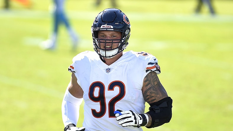 Oct 18, 2020; Charlotte, North Carolina, USA; Chicago Bears defensive end Brent Urban (92) runs off the field in the third quarter at Bank of America Stadium. Mandatory Credit: Bob Donnan-USA TODAY Sports