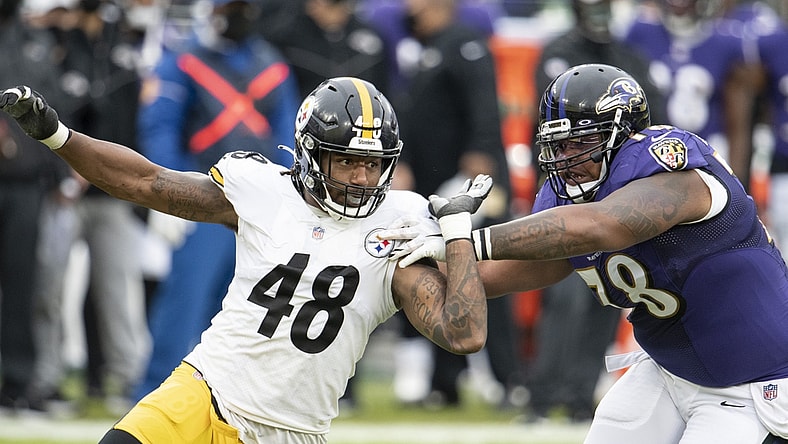 Nov 1, 2020; Baltimore, Maryland, USA; Pittsburgh Steelers outside linebacker Bud Dupree (48) rushes as Baltimore Ravens offensive tackle Orlando Brown (78) blocks during the first half at M&T Bank Stadium. Mandatory Credit: Tommy Gilligan-USA TODAY Sports
