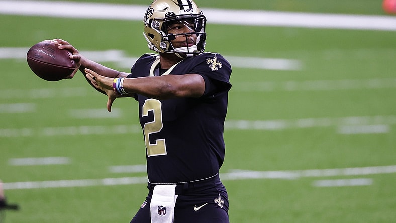 Nov 15, 2020; New Orleans, Louisiana, USA; New Orleans Saints quarterback Jameis Winston (2) throws during warm ups prior to kickoff against the San Francisco 49ers at the Mercedes-Benz Superdome. Mandatory Credit: Derick E. Hingle-USA TODAY Sports