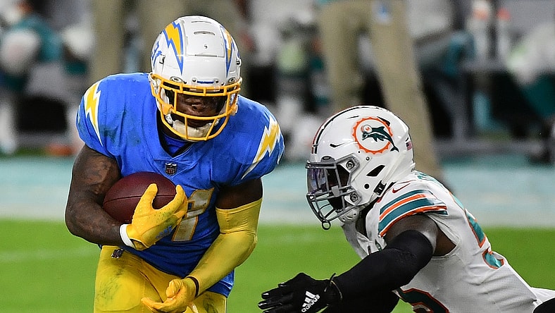 Nov 15, 2020; Miami Gardens, Florida, USA; Los Angeles Chargers running back Kalen Ballage (31) runs the ball against the Miami Dolphins during the second half at Hard Rock Stadium. Mandatory Credit: Jasen Vinlove-USA TODAY Sports