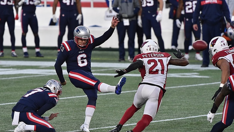 Nov 29, 2020; Foxborough, Massachusetts, USA;  New England Patriots kicker Nick Folk (6) kicks the game winning field goal with no time left on the clock during the second half against the Arizona Cardinals at Gillette Stadium. Mandatory Credit: Bob DeChiara-USA TODAY Sports
