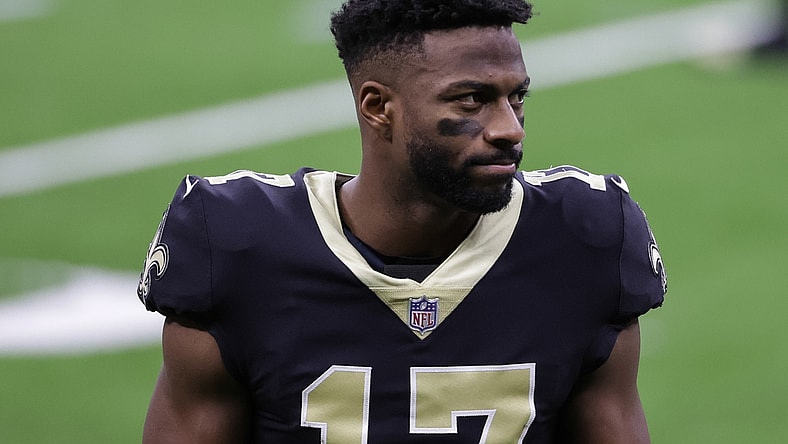Nov 22, 2020; New Orleans, Louisiana, USA; New Orleans Saints wide receiver Emmanuel Sanders (17) prior to kickoff against the Atlanta Falcons at the Mercedes-Benz Superdome. Mandatory Credit: Derick E. Hingle-USA TODAY Sports