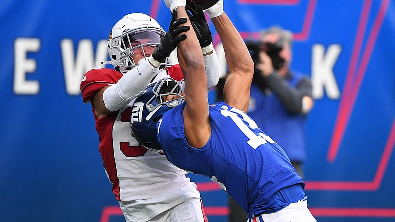Dec 13, 2020; East Rutherford, New Jersey, USA; New York Giants wide receiver Golden Tate (15) catches a pass at the one yard line against Arizona Cardinals cornerback Byron Murphy Jr. (33) during the second half at MetLife Stadium. Mandatory Credit: Robert Deutsch-USA TODAY Sports