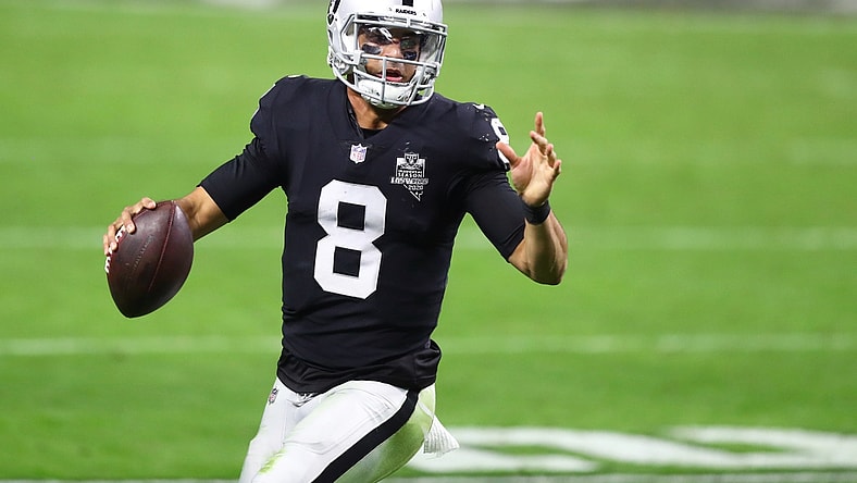 Dec 17, 2020; Paradise, Nevada, USA; Las Vegas Raiders quarterback Marcus Mariota (8) against the Los Angeles Chargers at Allegiant Stadium. Mandatory Credit: Mark J. Rebilas-USA TODAY Sports