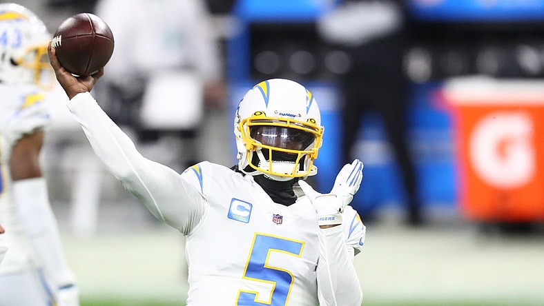 Dec 17, 2020; Paradise, Nevada, USA; Los Angeles Chargers quarterback Tyrod Taylor (5) against the Las Vegas Raiders at Allegiant Stadium. Mandatory Credit: Mark J. Rebilas-USA TODAY Sports