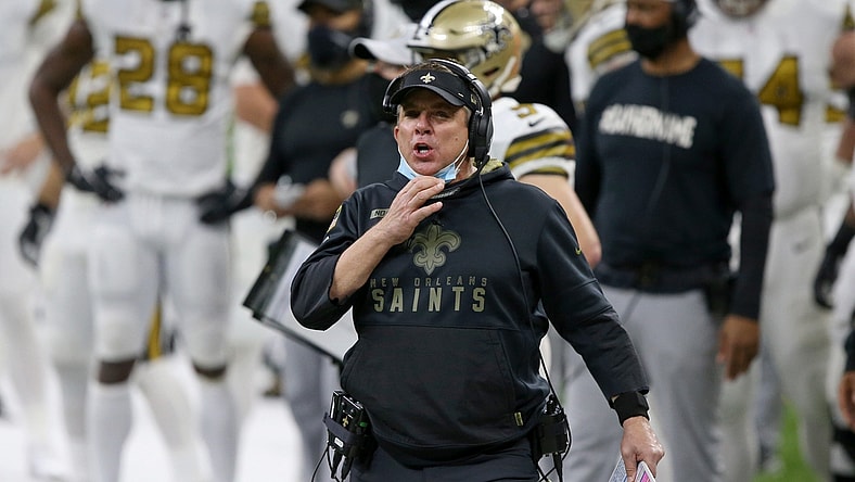 Dec 25, 2020; New Orleans, Louisiana, USA; New Orleans Saints head coach Sean Payton takes off his mask to yell to his players in the second half against the Minnesota Vikings at the Mercedes-Benz Superdome. Mandatory Credit: Chuck Cook-USA TODAY Sports