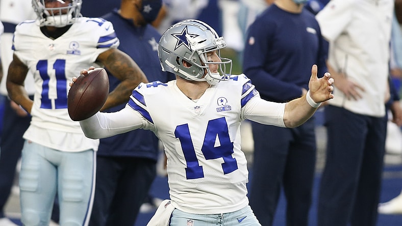 Dec 27, 2020; Arlington, Texas, USA; Dallas Cowboys quarterback Andy Dalton (14) throws a pass before the game against the Philadelphia Eagles at AT&T Stadium. Mandatory Credit: Tim Heitman-USA TODAY Sports