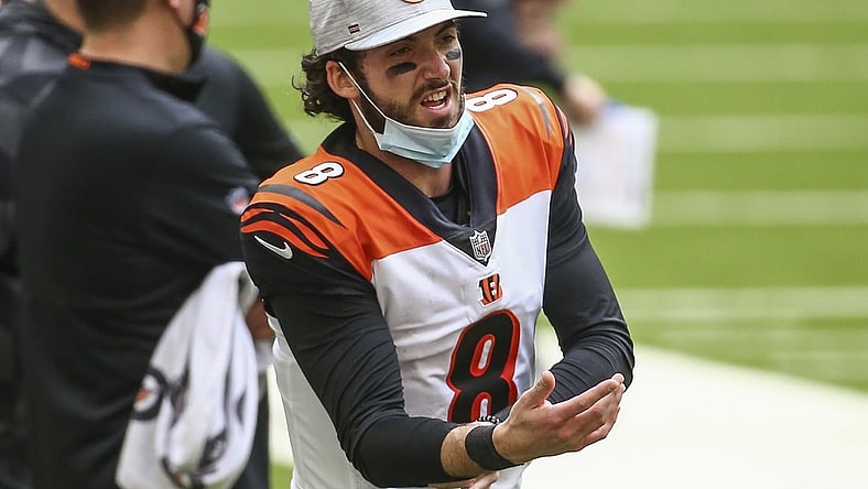 Dec 27, 2020; Houston, Texas, USA; Cincinnati Bengals quarterback Brandon Allen (8) reacts on the sideline during the fourth quarter against the Houston Texans at NRG Stadium. Mandatory Credit: Troy Taormina-USA TODAY Sports