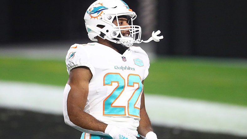 Dec 26, 2020; Paradise, Nevada, USA; Miami Dolphins running back Matt Breida (22) against the Las Vegas Raiders at Allegiant Stadium. Mandatory Credit: Mark J. Rebilas-USA TODAY Sports