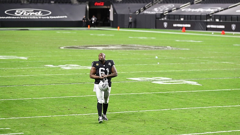 Dec 26, 2020; Paradise, Nevada, USA; Las Vegas Raiders center Rodney Hudson (61) reacts as he walks off the field following the game against the Miami Dolphins at Allegiant Stadium. Mandatory Credit: Mark J. Rebilas-USA TODAY Sports