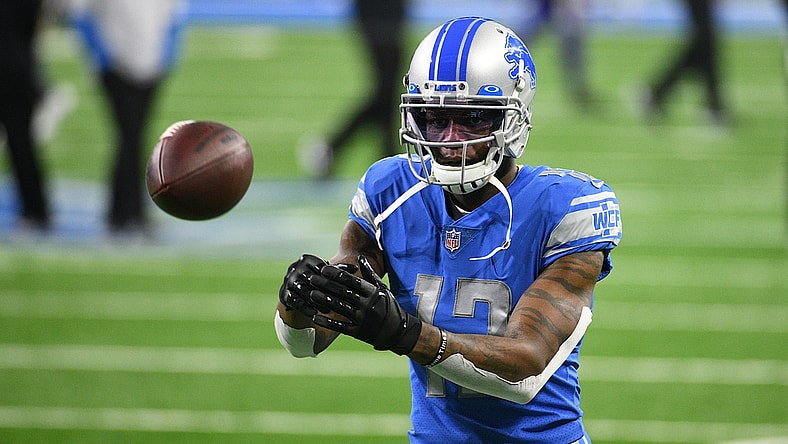 Jan 3, 2021; Detroit, Michigan, USA; Detroit Lions wide receiver Mohamed Sanu warms up before the game against the Minnesota Vikings at Ford Field. Mandatory Credit: Tim Fuller-USA TODAY Sports