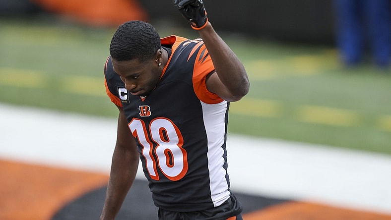 Jan 3, 2021; Cincinnati, Ohio, USA; Cincinnati Bengals wide receiver A.J. Green (18) reacts prior to the game against the Baltimore Ravens at Paul Brown Stadium. Mandatory Credit: Katie Stratman-USA TODAY Sports