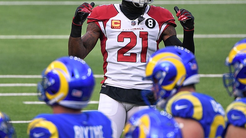 Jan 3, 2021; Inglewood, California, USA; Arizona Cardinals cornerback Patrick Peterson (21) reacts during the second quarter against the Los Angeles Rams at SoFi Stadium. Mandatory Credit: Robert Hanashiro-USA TODAY Sports