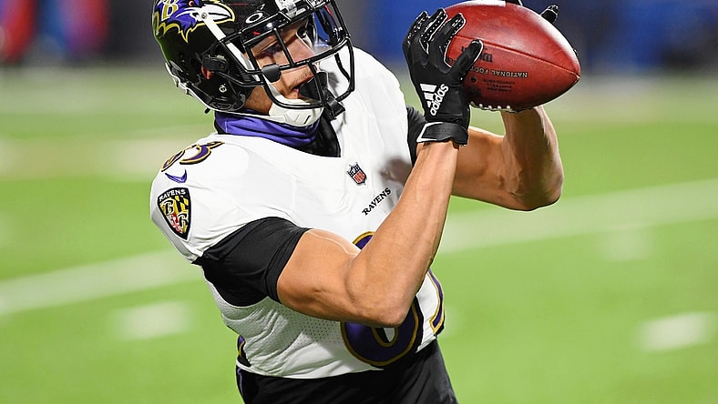 Jan 16, 2021; Orchard Park, New York, USA; Baltimore Ravens wide receiver Willie Snead (83) makes a catch during warm ups before an AFC Divisional Round playoff game against the Buffalo Bills at Bills Stadium. Mandatory Credit: Rich Barnes-USA TODAY Sports