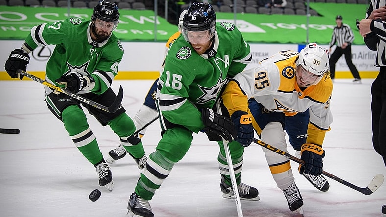 Jan 24, 2021; Dallas, Texas, USA; Dallas Stars center Joe Pavelski (16) and right wing Alexander Radulov (47) and Nashville Predators center Matt Duchene (95) in action during the game between the Dallas Stars and the Nashville Predators at the American Airlines Center. Mandatory Credit: Jerome Miron-USA TODAY Sports