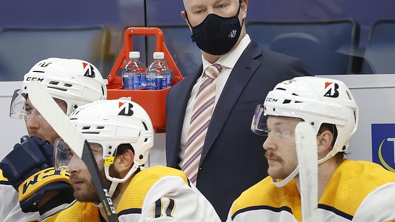 Jan 30, 2021; Tampa, Florida, USA; Nashville Predators head coach John Hynes during the first period against the Tampa Bay Lightning at Amalie Arena. Mandatory Credit: Kim Klement-USA TODAY Sports