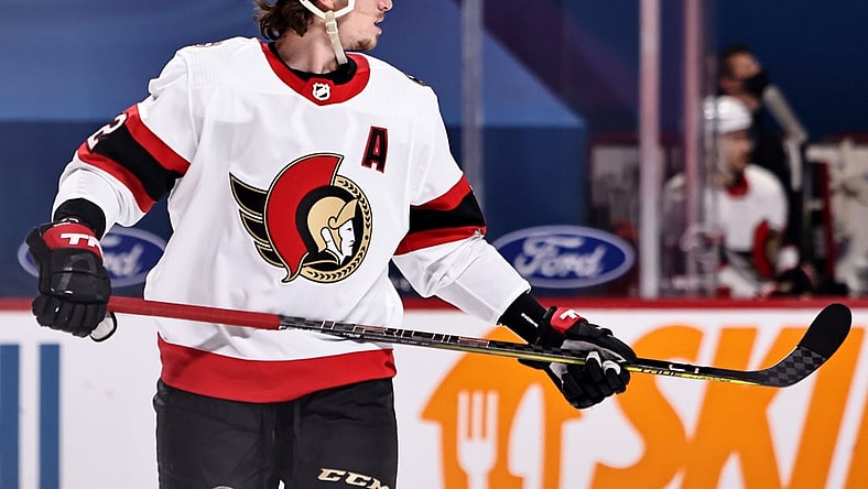 Feb 04, 2021; Montreal, Quebec, CAN; Ottawa Senators defenseman Thomas Chabot (72) during a first period face-off against Montreal Canadiens at Bell Centre. Mandatory Credit: Jean-Yves Ahern-USA TODAY Sports
