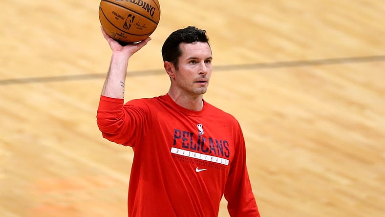 Feb 6, 2021; New Orleans, Louisiana, USA; New Orleans Pelicans guard JJ Redick (4) warms up before the game against the Memphis Grizzlies at the Smoothie King Center. Mandatory Credit: Chuck Cook-USA TODAY Sports